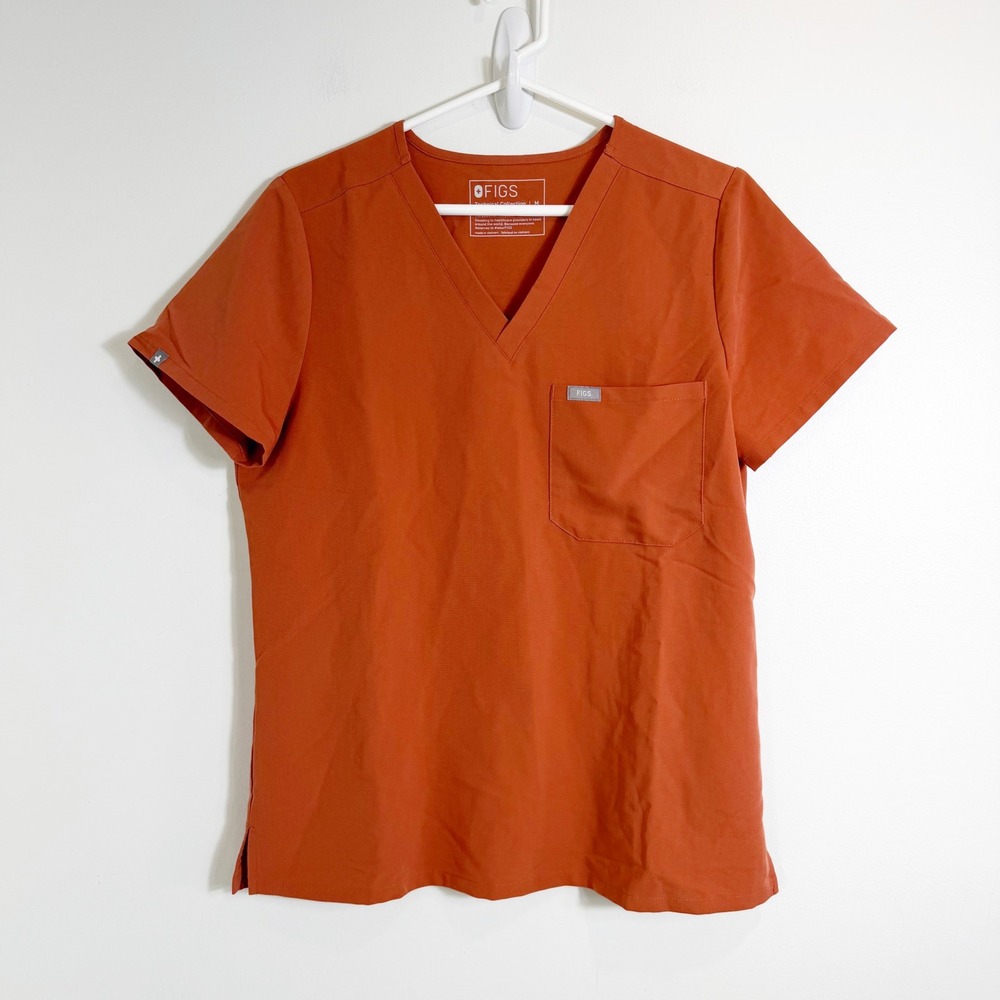 FIGS Catarina Scrub Top Womens M Orange V-Neck One Pocket Short Sleeve FW1000N